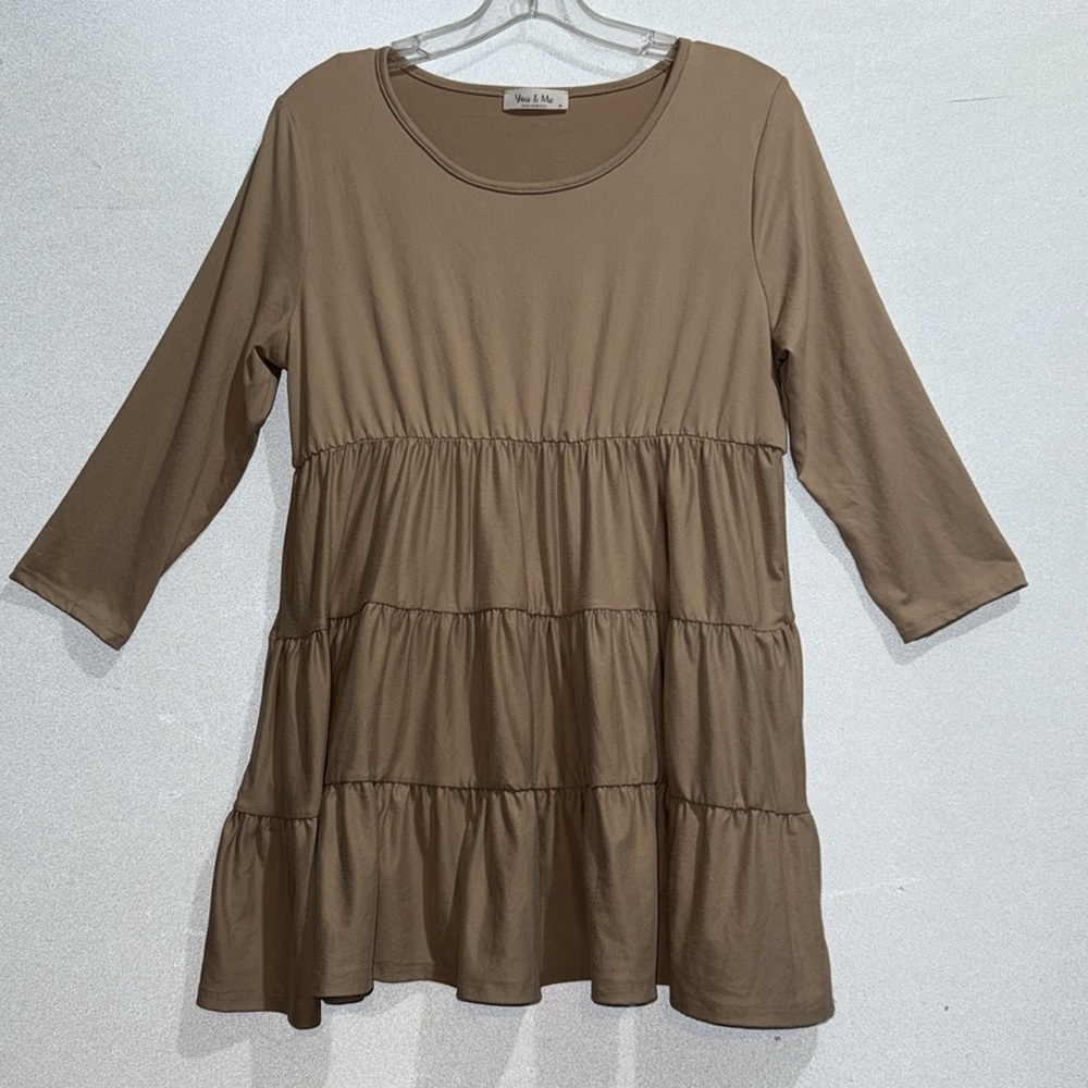 you & Me Cute Women Dress 3/4 Sleeves Tan Size M - Picture 4 of 4